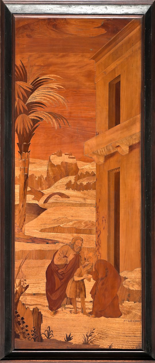 Génova, Duomo (Catedral de San Lorenzo), interior, ábside, coro, lado norte: "San Juan Bautista se despide de su familia", intarsia de madera de Vincenzo e Tommaso Garassino (siglo XIX) de Unbekannter Künstler