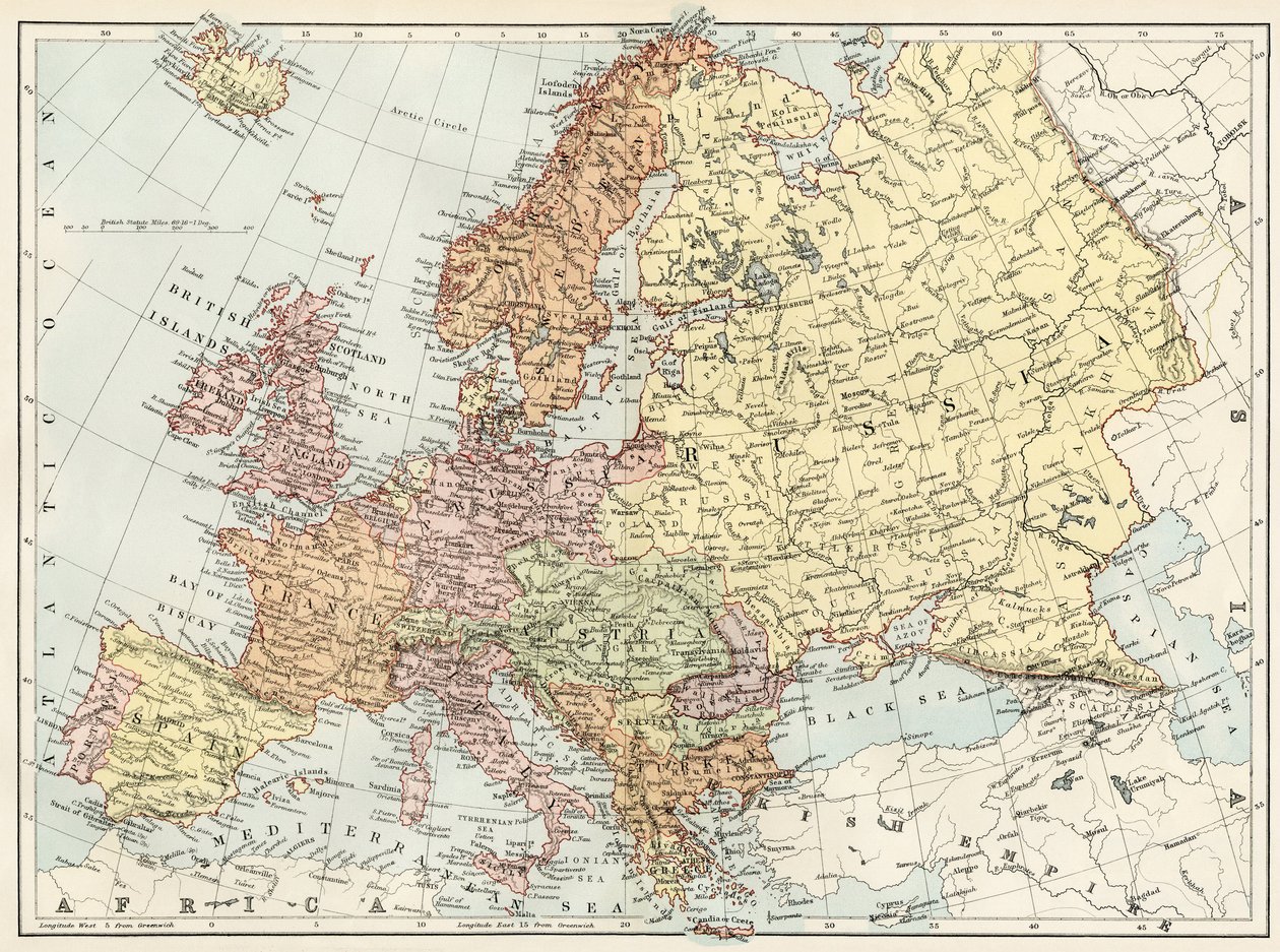 Mapa geográfico de Europa en la década de 1870. Litografía en color del siglo XIX de Unbekannter Künstler