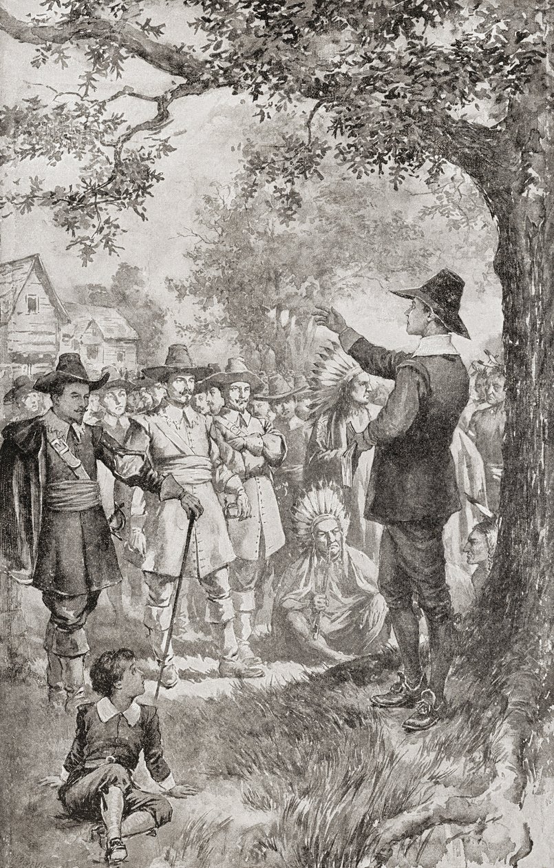 George Fox predicando a una multitud en Maryland, Estados Unidos, en 1671, durante una reunión de cuatro días de los cuáqueros locales. Jorge Fox de Unbekannter Künstler