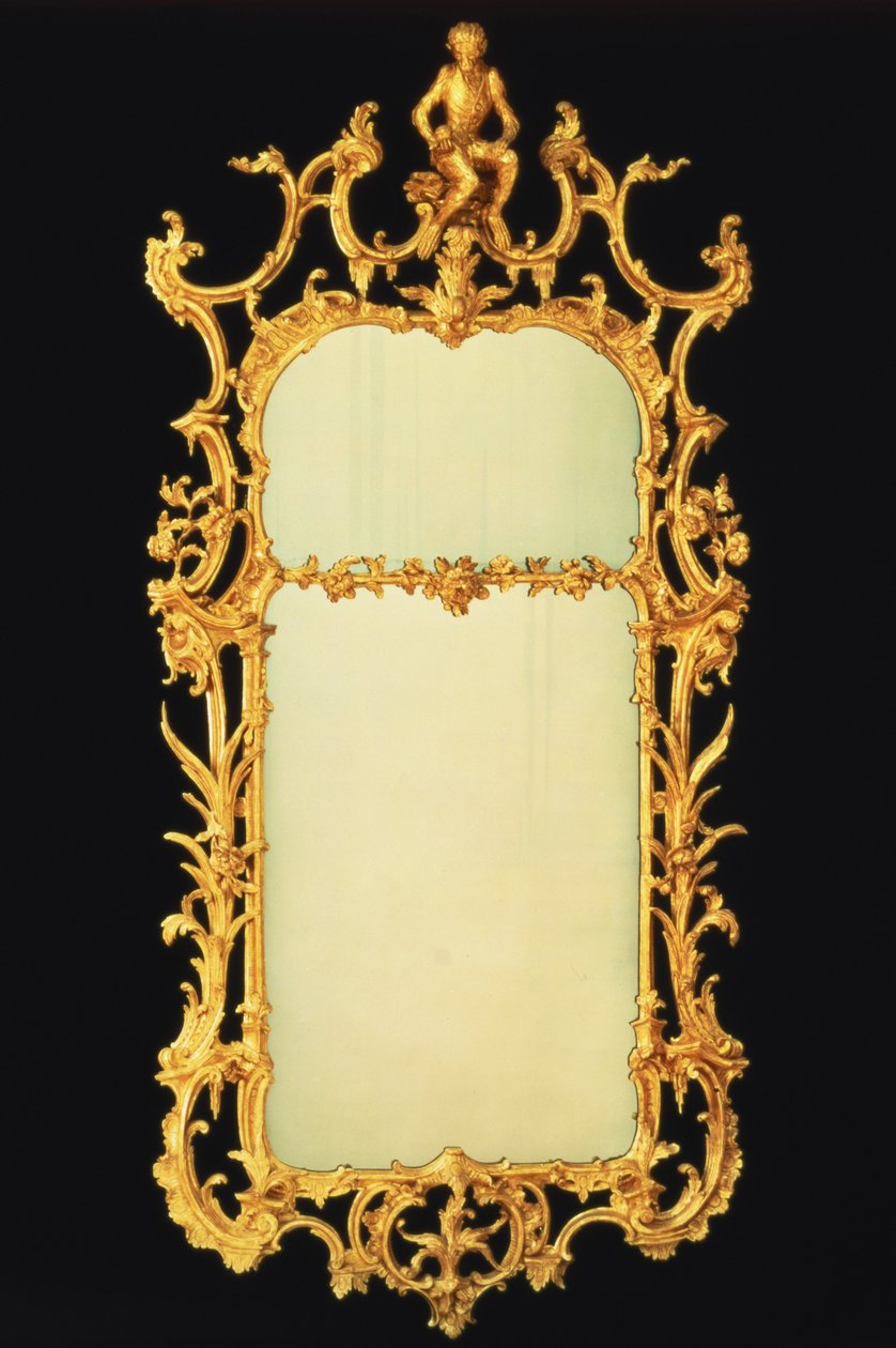 Espejo de pier de George III dorado, con dos placas, cresta elaborada, centrado por la figura de un mono en un soporte de roca, c.1765 de Unbekannt