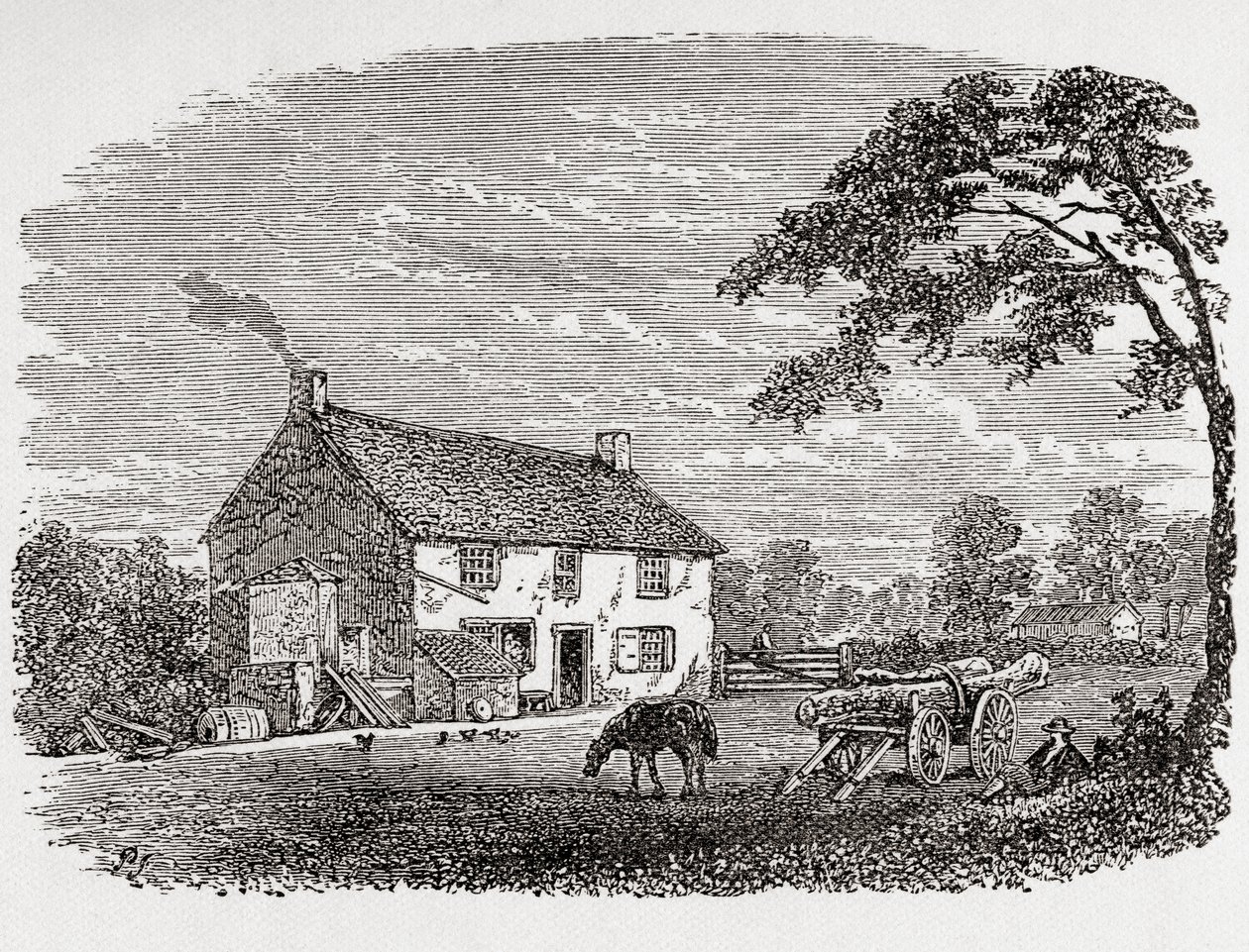 Casa natal de George Stephenson. Casa de piedra del siglo XVIII donde nació George Stephenson, Wylam, Northumberland, Inglaterra, vista aquí en el siglo XIX. De Great Engineers, publicado hacia 1890 (grabado en blanco y negro). de Unbekannter Künstler