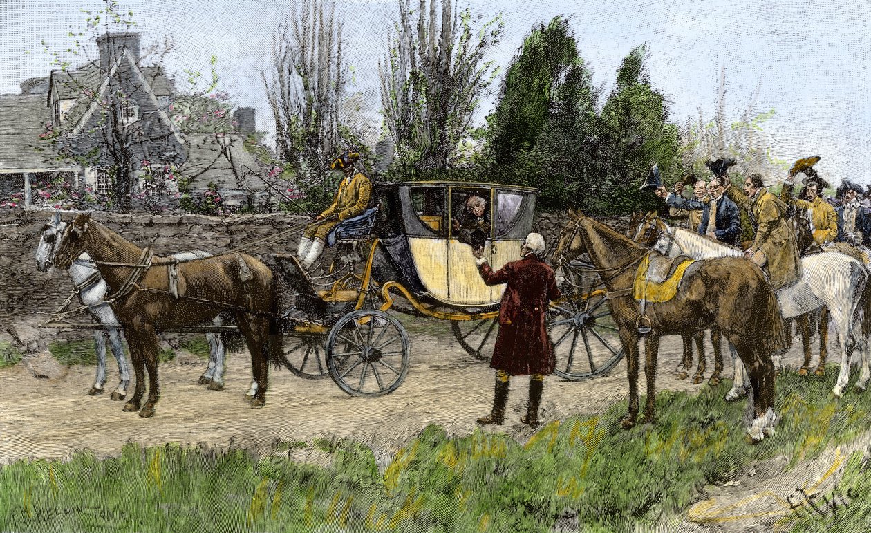 George Washington (1732-1799) saludado por sus vecinos cuando abandonó Virginia para asumir sus funciones como presidente de los Estados Unidos en 1789. Grabado en color del siglo XIX. de Unbekannter Künstler