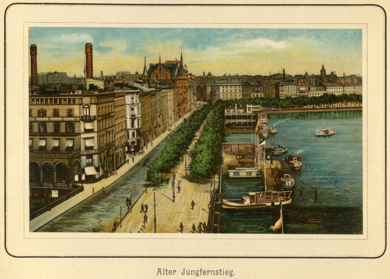 Alemania, Hamburgo, Alter Jungfernstieg , cerca del lago Alster, ilustración de : "Ansichten-Album Hamburg" , publicado por C. Schneider, Berlin NW. c.1890 (litografía) de Unbekannter Künstler