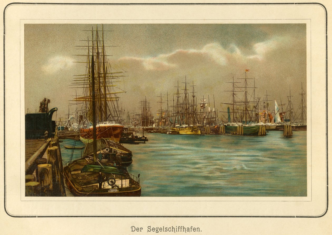 Alemania, Hamburgo, el puerto de los veleros, litografía de : "Ansichten-Album Hamburg" (vistas de Hamburgo), publicado por C. Schneider, Berlin NW., c.1890 (litografía) de Unbekannter Künstler