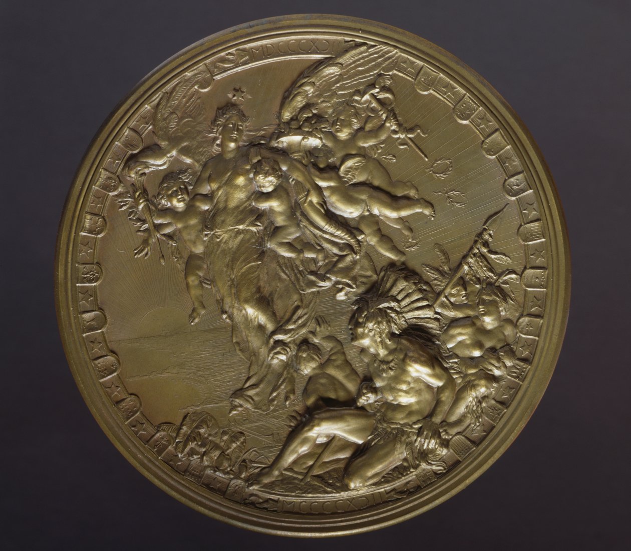Medalla de bronce dorado para conmemorar el 400 aniversario del descubrimiento de América (1492-1892) de Benjamin Baud