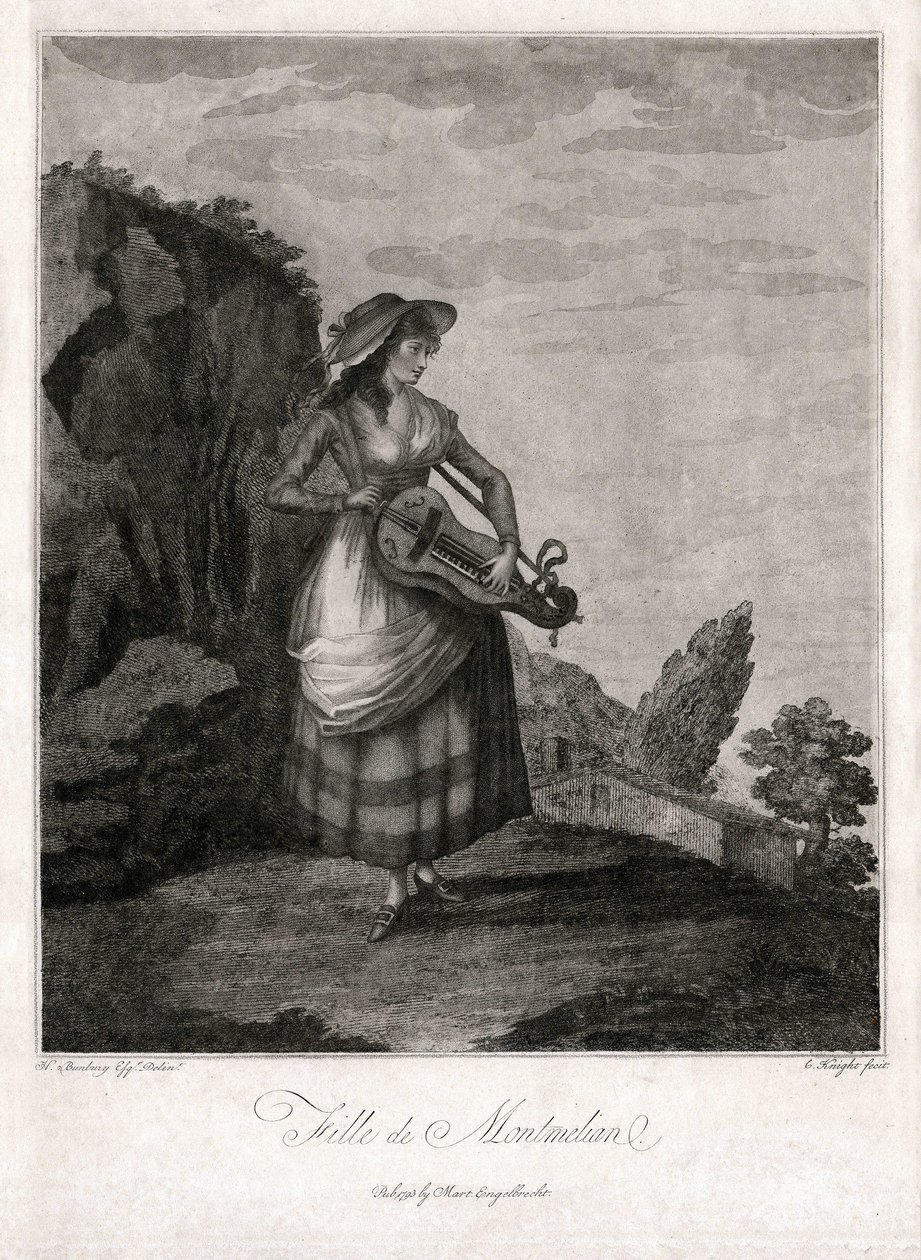 Niña de Montmelian, en Gironda, tocando la rueda antigua (grabado) de Unbekannter Künstler