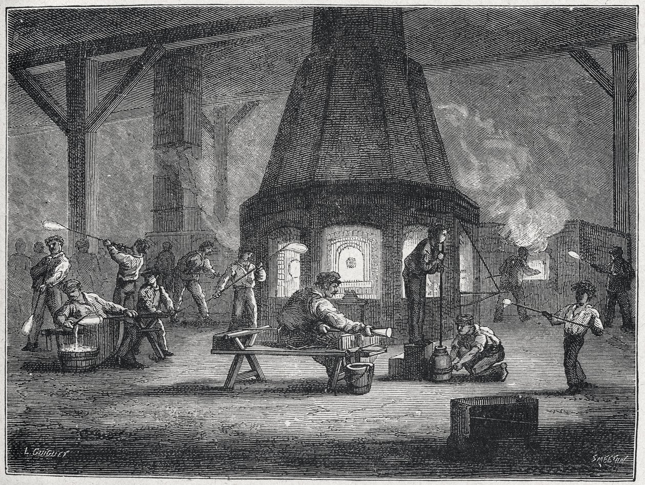 Fabricación de vidrio en la segunda mitad del siglo XIX: niños trabajando, c. 1880 (grabado) de Unbekannter Künstler