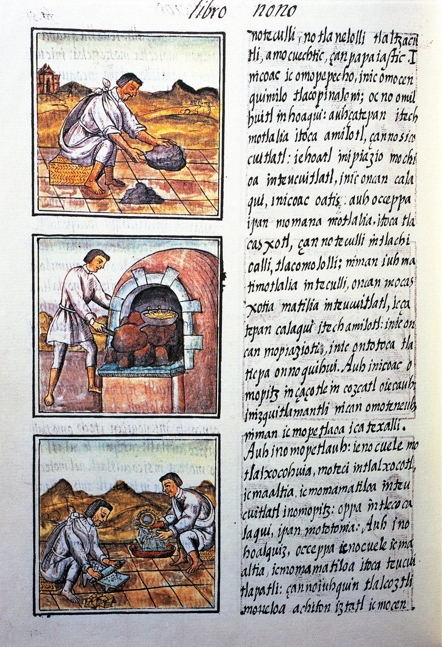 Procesamiento de oro por los españoles, texto en náhuatl, del facsímil del manuscrito Historia General de las Cosas de la Nueva España, también conocido como Códice Florentino, por Bernardino de Sahagún de Benjamin Baud