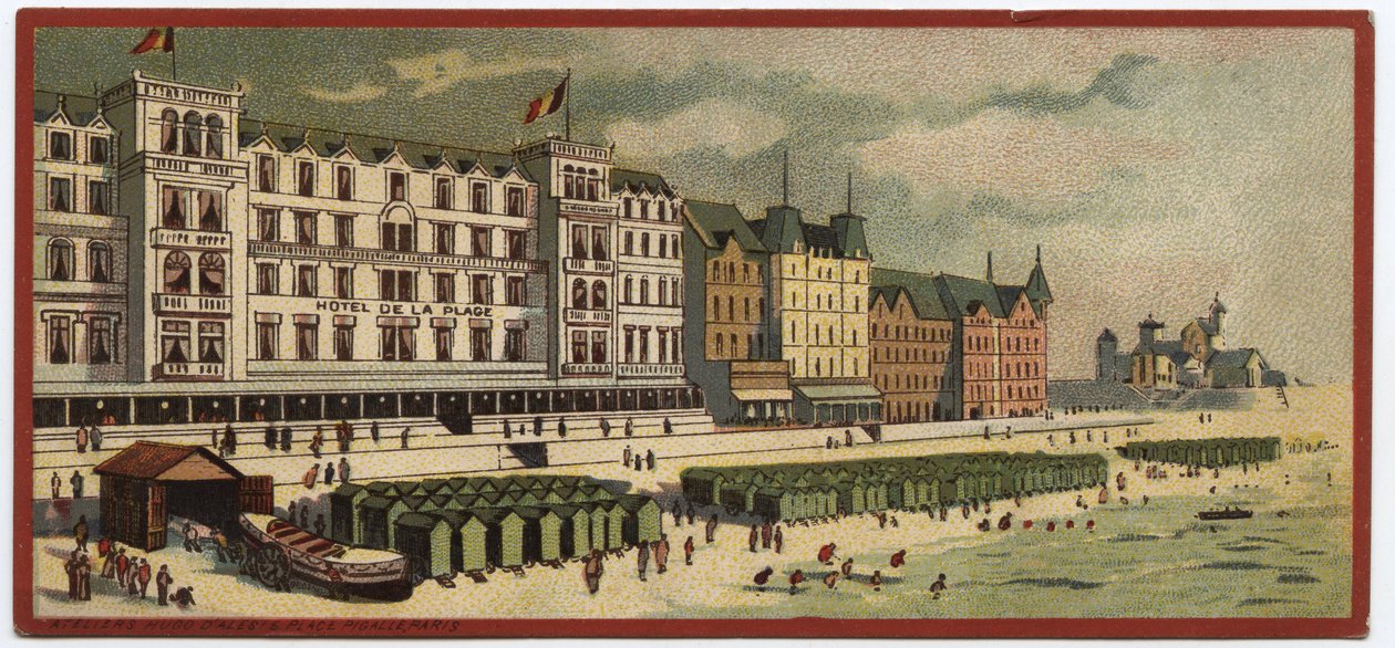 Grandes hoteles: vista exterior del Hotel de la Plage en Ostende, Bélgica - Mapa de una serie que presenta los hoteles de la 
