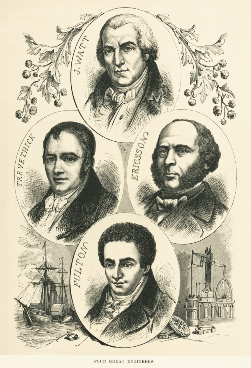 Grandes Ingenieros e Inventores: James Watt, John Ericsson, Robert Fulton, Richard Trevithick, c.1880 (foto en blanco y negro) de Unbekannt