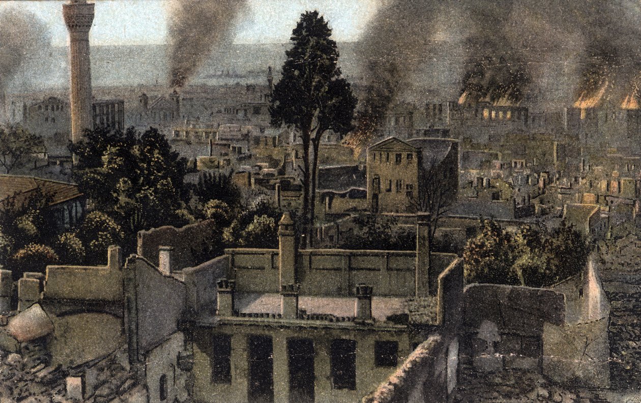 Grecia, Salónica (o Tesalónica): vista de la ciudad alta parcialmente quemada, probablemente durante el incendio de 1917 - Tarjeta postal 1914-1918 de Unbekannter Künstler