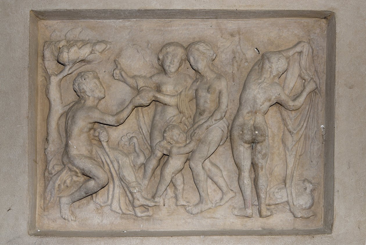 Mitología griega: el Juicio de Paris. El pastor Paris debe elegir a la más bella de las tres diosas entre Afrodita (Venus), acompañada por Cupido, Hera (Juno) y Atenea (Minerva). Él elige a Afrodita a quien le ofrece una manzana dorada. Relieve de Unbekannt