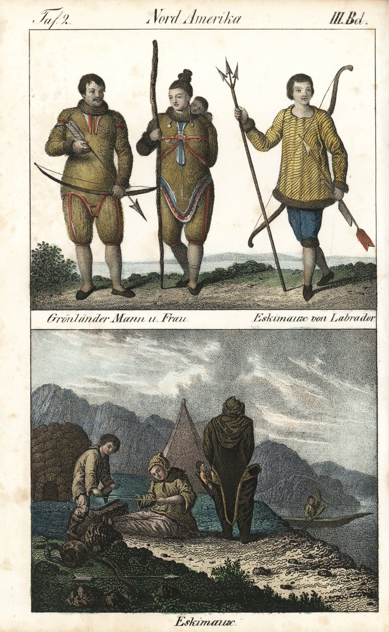 Habitantes de Groenlandia con pieles y un inuit de Labrador (Canadá) con un tridente. Abajo, una escena cotidiana de la vida familiar inuit delante de un iglú, una tienda de campaña y una canoa, Norteamérica. Litografía para el libro: "Galerie complete en  de Unbekannter Künstler
