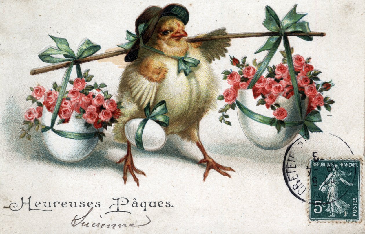 Tarjeta de felicitación de Pascua: un pollito llevando huevos llenos de rosas - Postal fechada en 1908 de Unbekannt