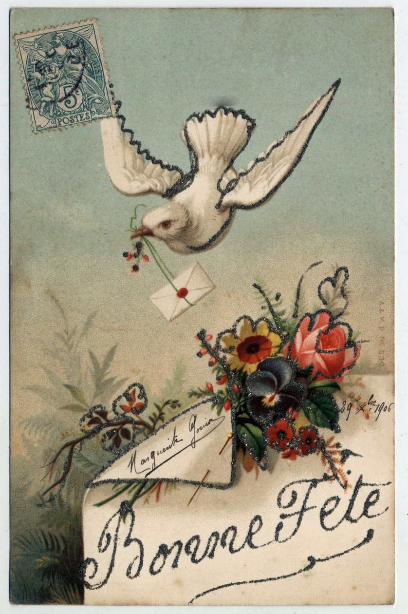 Tarjeta de felicitación: un pájaro trae una carta sellada - Postal fechada en 1906 de Unbekannt