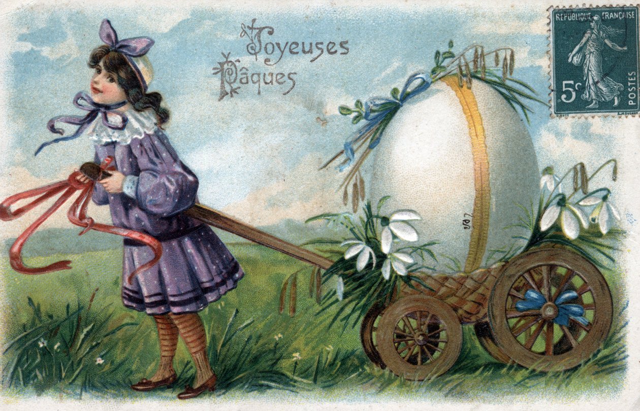 Tarjeta de felicitación para Pascua: una niña atrapa un huevo gigante en un carro de William M. Timlin