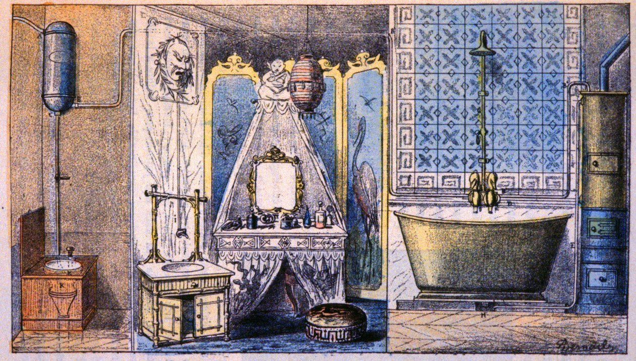 Gestión del hábitat : aseo, cuarto de baño y bañera, c. 1870 (grabado) de Unbekannter Künstler