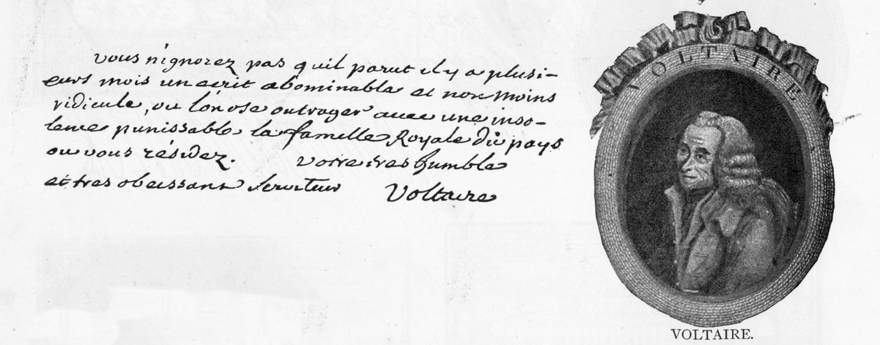 Caligrafía y firma de Voltaire, de una carta escrita en Colmar al Ministro Francés en la corte de Federico el Grande en Berlín, el Caballero de la Touche, 3 de marzo de Unbekannt