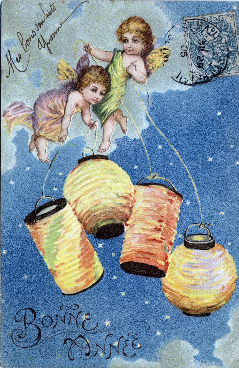 Tarjeta de felicitación de Año Nuevo: dos ángeles con linternas - Postal fechada en 1905 de Unbekannt