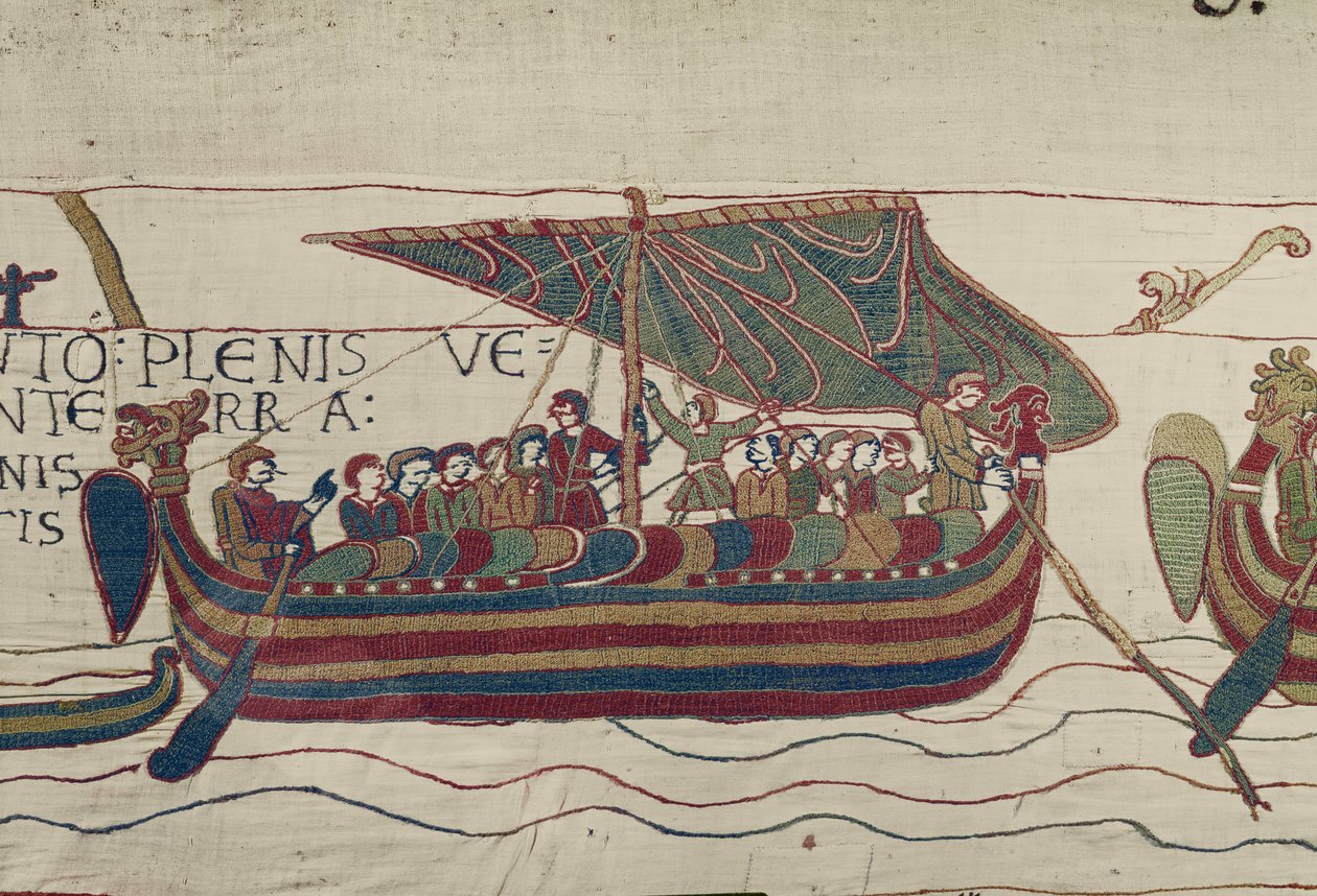 Los barcos de Harold son llevados al territorio del Conde Guy de Ponthieu, Tapiz de Bayeux (bordado en lana sobre lino) de Unbekannt