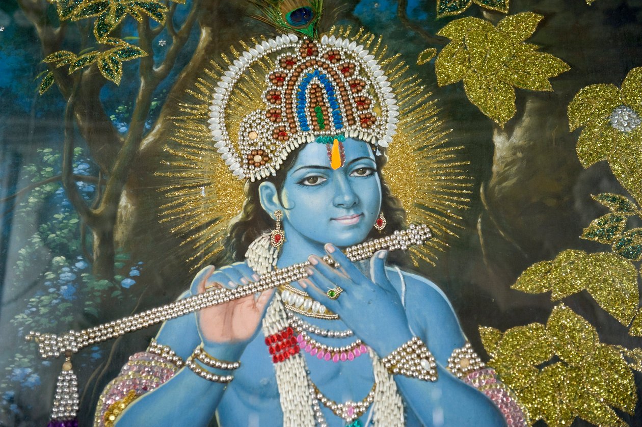 Hinduismo; pintura del Señor Krishna con flauta; Templo Durgiana Mandir Vishnu; Amritsar; Punjab; India; Asia del Sur; Asia de Unbekannt