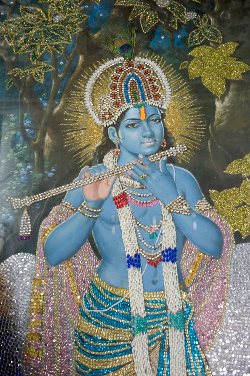 Hinduismo; pintura del Señor Krishna con flauta; Templo Durgiana Mandir Vishnu; Amritsar; Punjab; India; Asia del Sur; Asia de Unbekannt