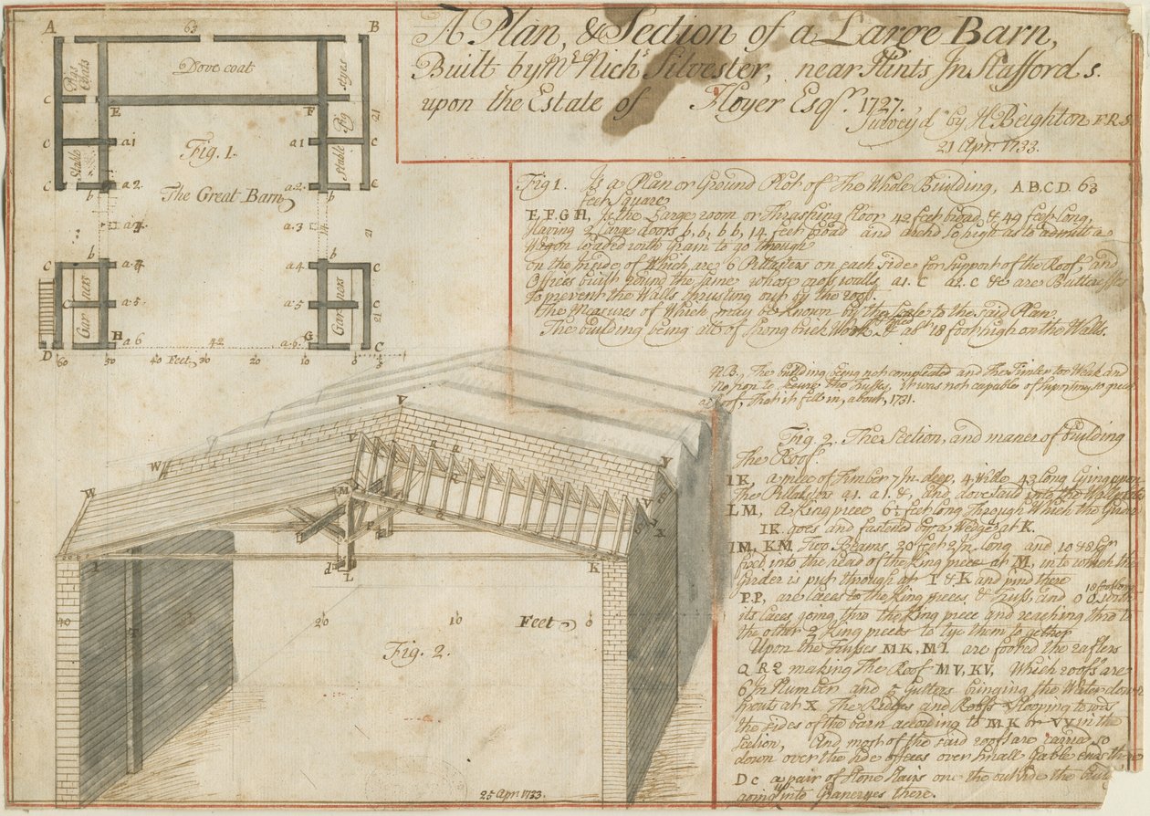 Hints - Granero en la finca Floyer: dibujo a pluma, 25 Abr 1733 de Unbekannt