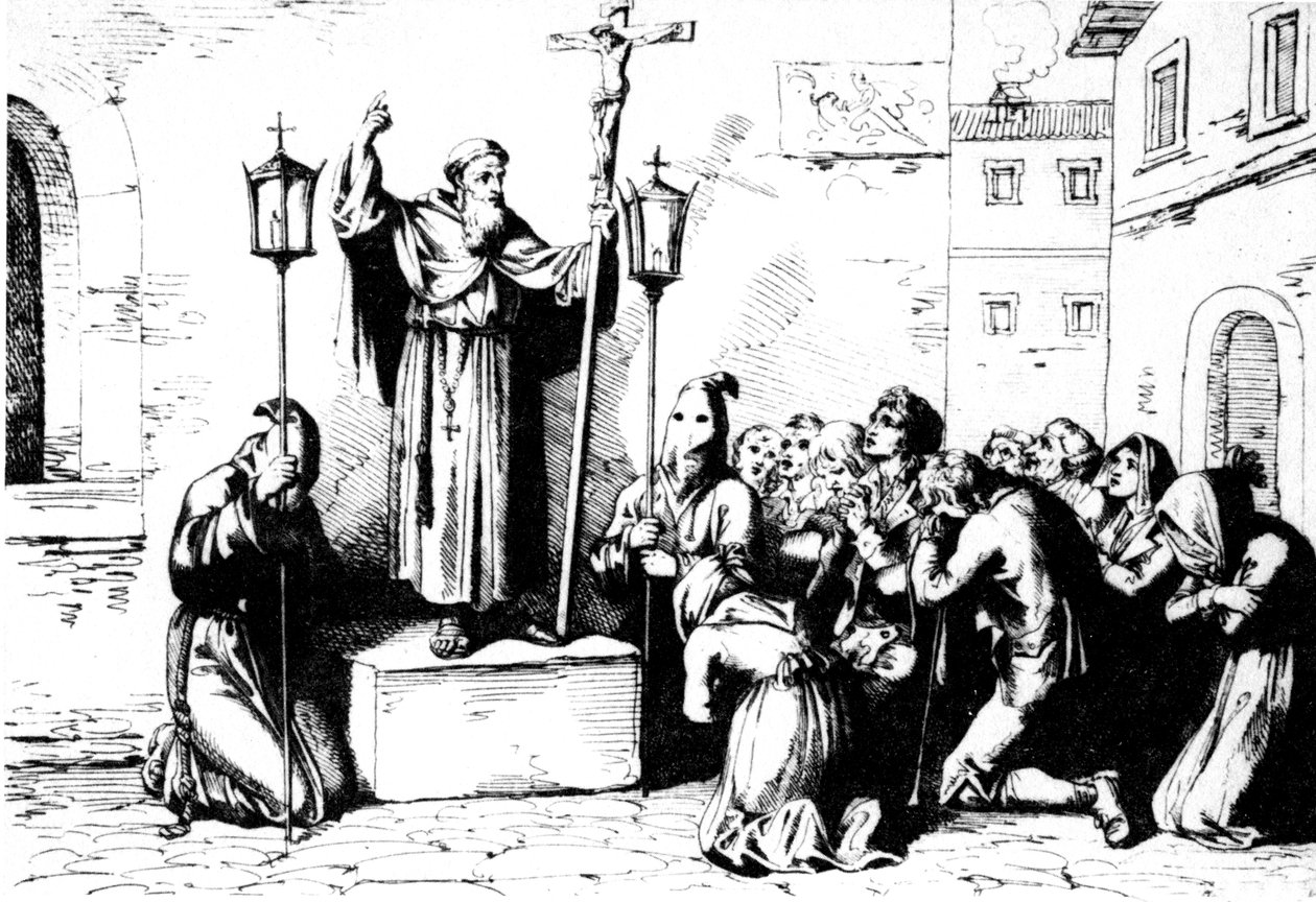 Historia de la Antigua Roma. Un fraile predica a la gente en una plaza de Roma. Grabado de Bartolomeo Pinelli del siglo XIX de Unbekannt