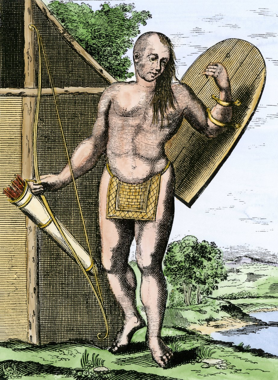 Historia de los pueblos indígenas: Un indio de Canadá sostiene un escudo, un arco y flechas en un carcaj de Unbekannter Künstler
