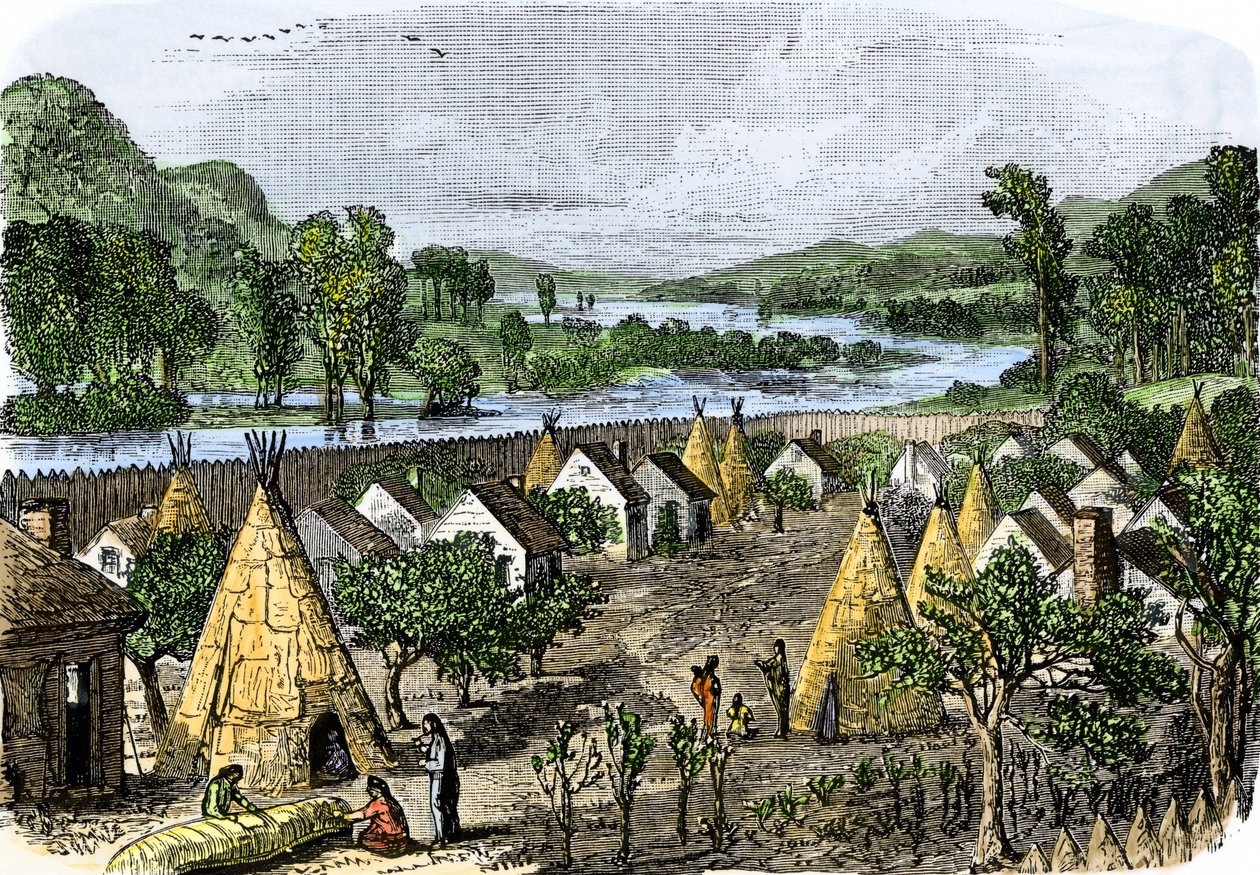 Historia de los pueblos indígenas: Pueblo Mohawk, Nueva York, hacia 1780. Colorido grabado del siglo XIX. de Unbekannter Künstler