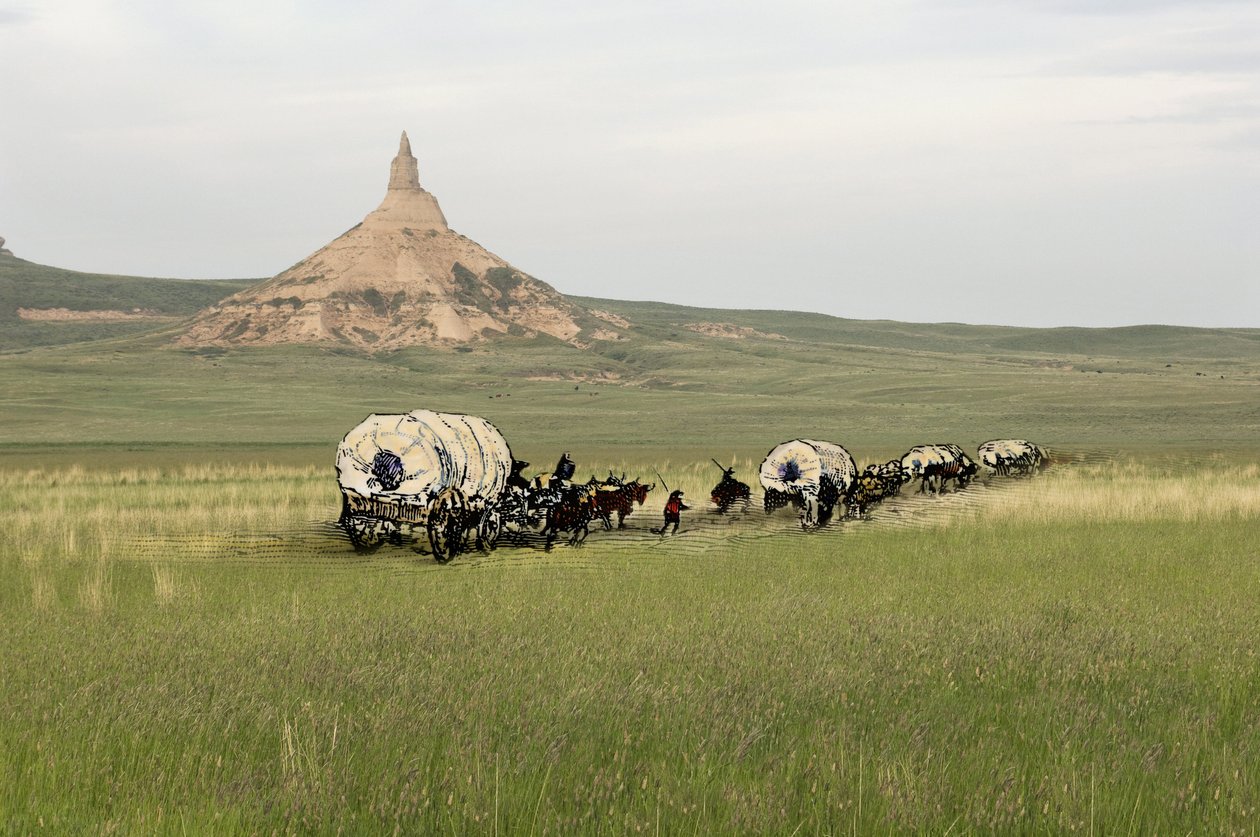 Historia de los colonos de West Conquete: Pioneros americanos. Viajes de varias familias cruzando las llanuras de Estados Unidos en diligencia. Diligencias cruzando Chimney Rock en el Camino de Oregón, Nebraska. Grabado en color combinado con una fotografí de Unbekannter Künstler