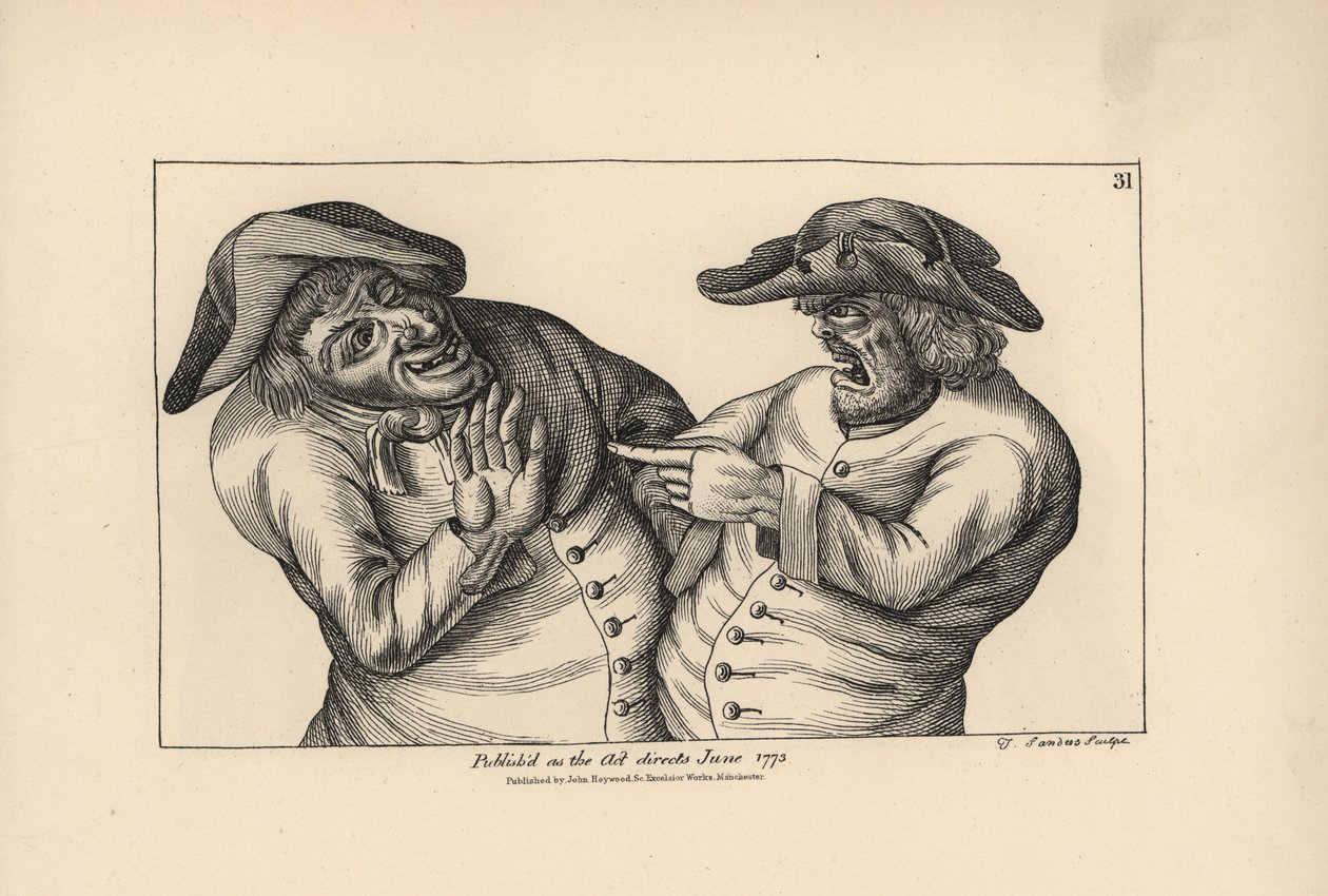 Hodge y Roaf se acusan mutuamente de dejar una olla de pis en lugar de una jarra de cerveza. Grabado en cobre de Thomas Sanders a partir de una ilustración satírica de Timothy Bobbin (John Collier) (1708-1786) de Human Passions Delineated, John Haywood, Ma de Unbekannter Künstler