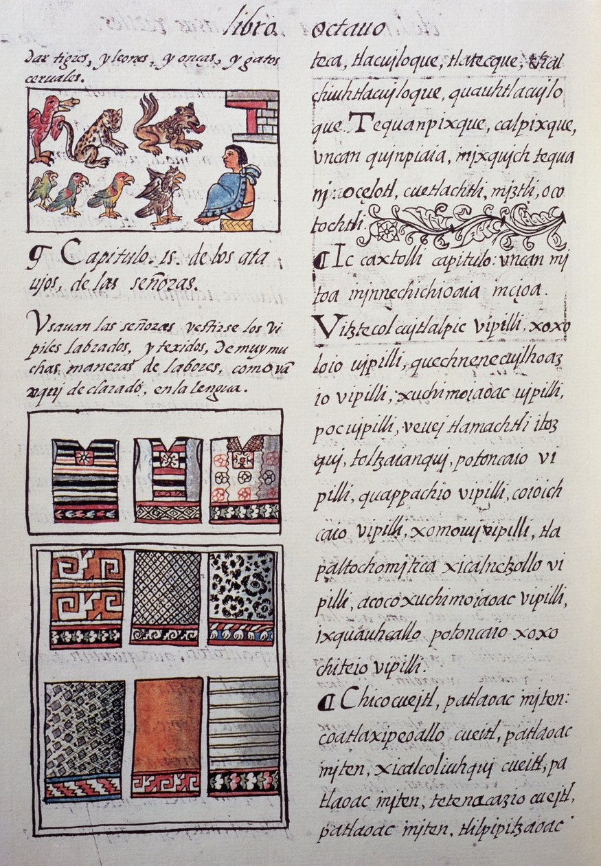 Huipil, prenda femenina usada por la nobleza con blusas bordadas, Libro VIII del Códice Florentino, Historia General de las Cosas de Nueva España, por el misionero español Fray Bernardino de Sahagún. Civilización azteca de William M. Timlin
