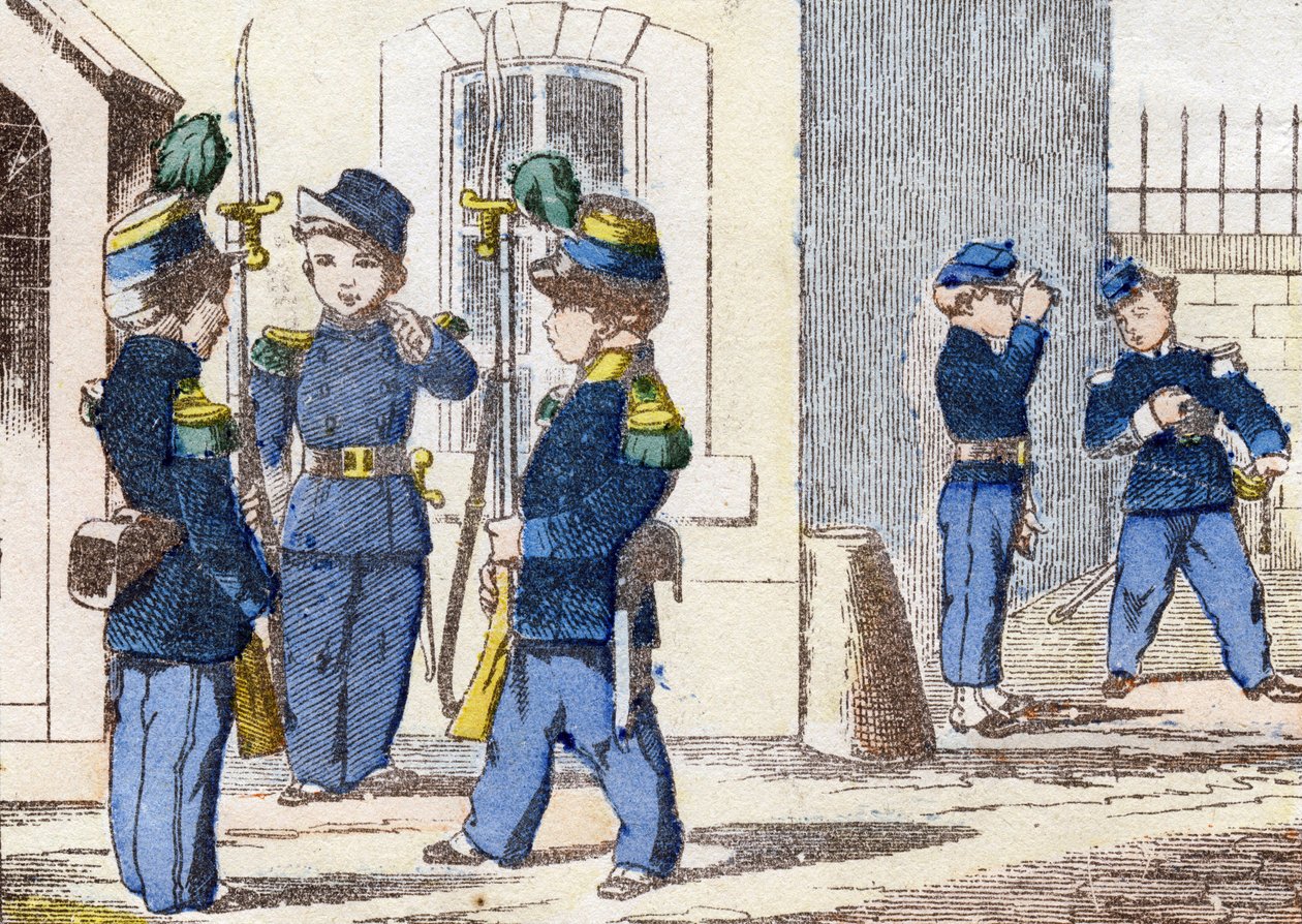 Cazadores a pie. Grabado en "Alphabet militaire enfantin". Imágenes de Pont-a-Mousson, circa 1890. 20 páginas de Unbekannt