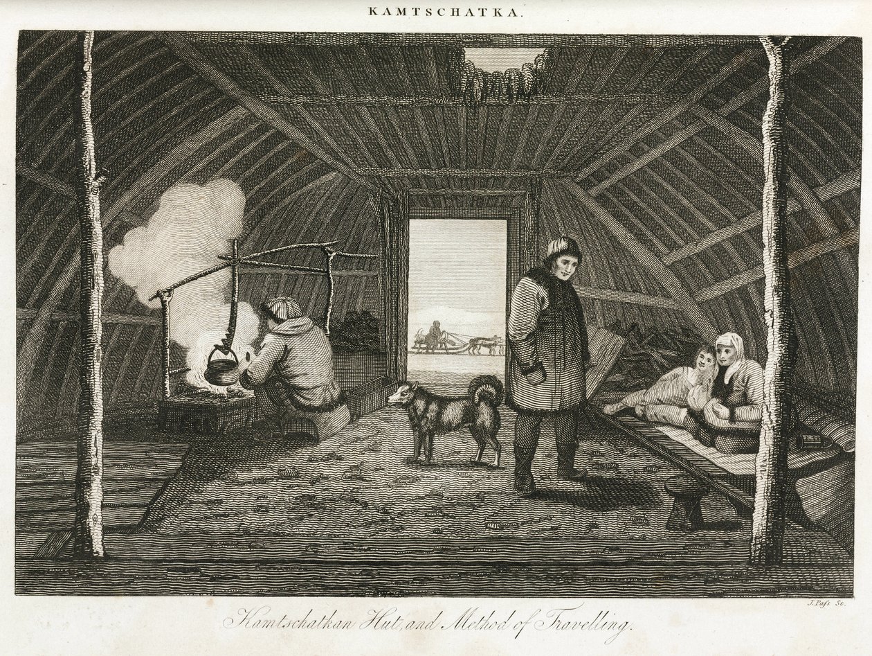 Hutte du Kamchatka (península extrema oriental de Rusia) y trineo de transporte, hacia 1810 de Unbekannt