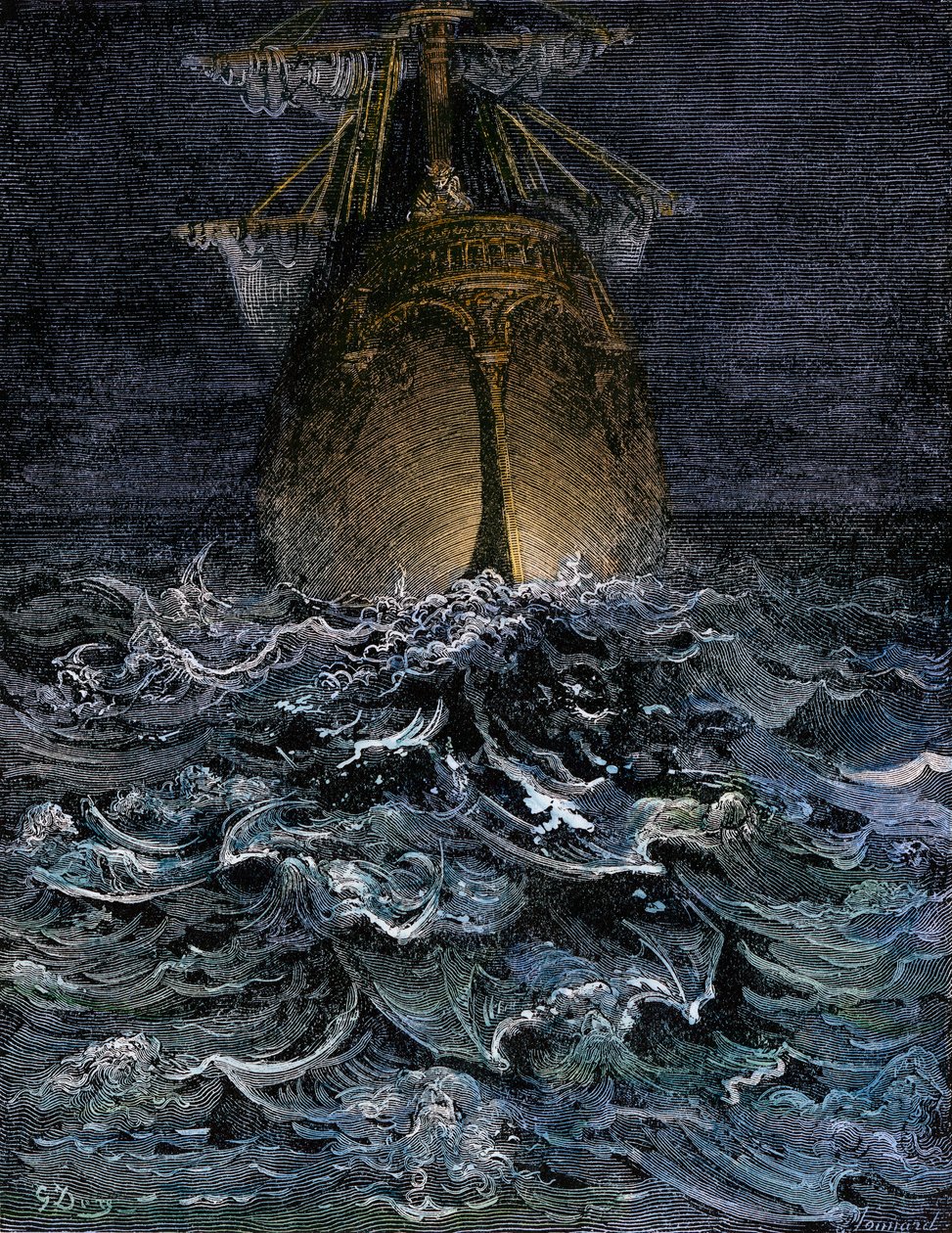 Observé el mar en descomposición, el casco de un barco en el mar de noche - Ilustración de Gustave Dore (1832-1883) para "La Lournte du vieux sailor" de Samuel Taylor Coleridge (1772-1834) - Grabado coloreado de Unbekannter Künstler
