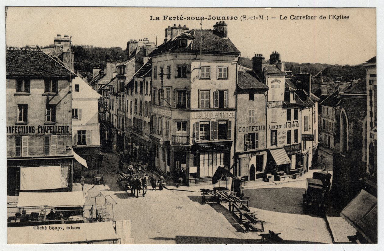Île de France, Seine et Marne (77), Ferte-sous-Jouarre: el cruce de la Iglesia - Postal finales del siglo XIX-principios del siglo XX de Unknown