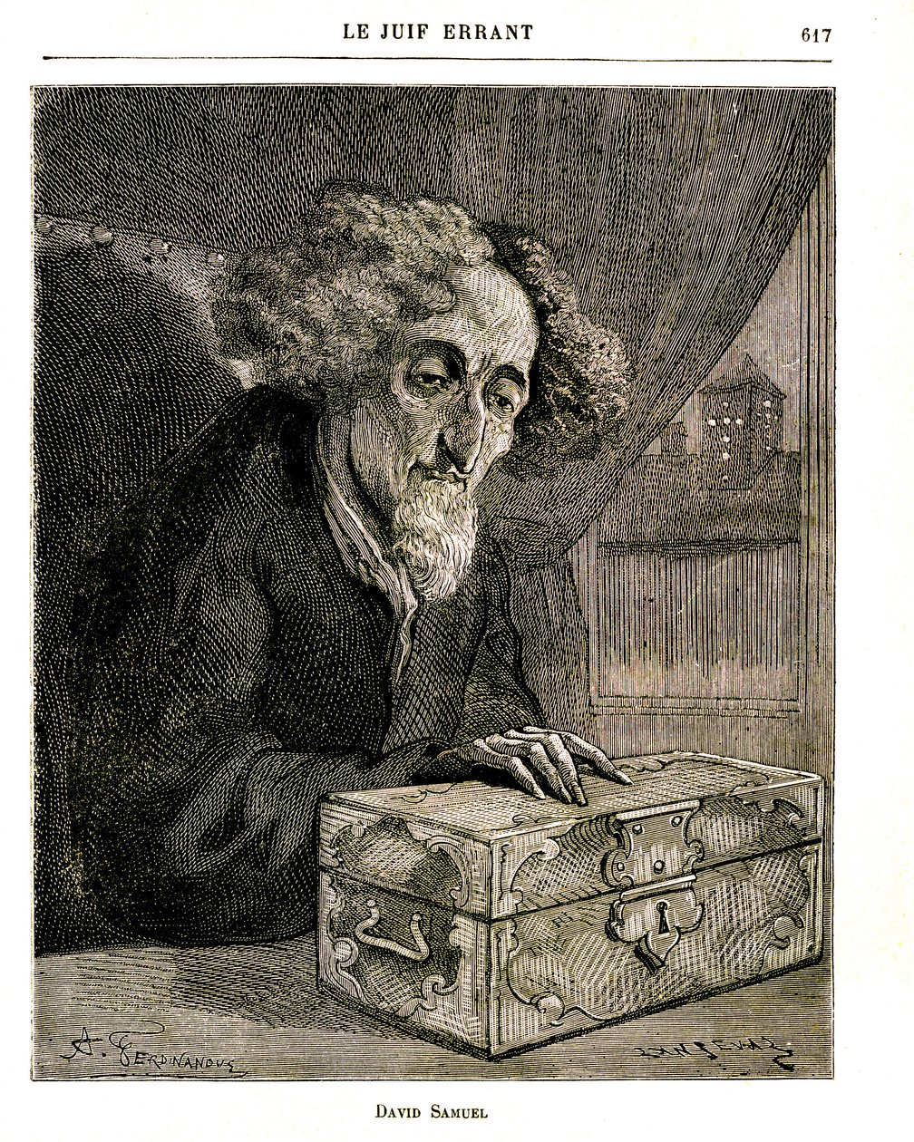 Ilustración de la novela de Eugene Sue "El Judío Errante" - Grabado por FERDINANDUS en la edición de Jules Rouff de 1883. David Samuel, el guardián de la propiedad de la familia De Rennepont, con la caja (cofre) que contiene los valores, acciones, billetes de Unbekannt