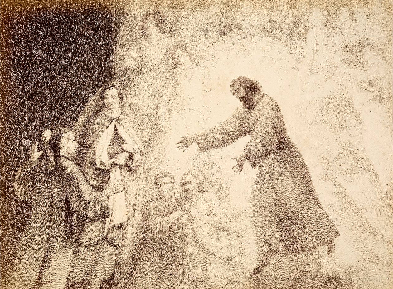 En la Esfera de Marte, Dante se encuentra con el espíritu de su antepasado Cacciaguida. Ilustración del Canto XV del Paradiso de La Divina Comedia de Dante Alighieri. Obra de Franceso Scaramuzza dedicada al Ayuntamiento de Florencia. de Unbekannter Künstler