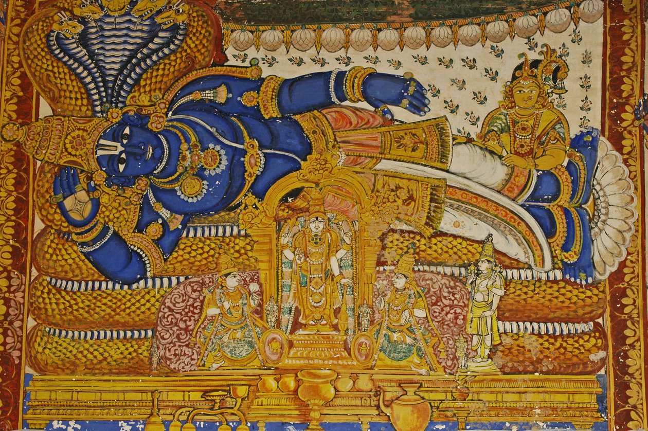 India, Tamil Nadu, Srirangam, Templo Hindú Sri Ranganathasvami (orig siglo X), pintura mural de Vishnu de Unbekannt