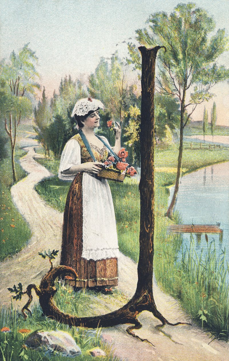 J: Una mujer de pie con falda larga, delantal y corpiño lleva una cesta de flores. Decorado campestre - Alphabet personajes Ref Th. E., L. Theochrom - Serie 994. Theodor Eisman, editor, Leipzig de Unbekannt