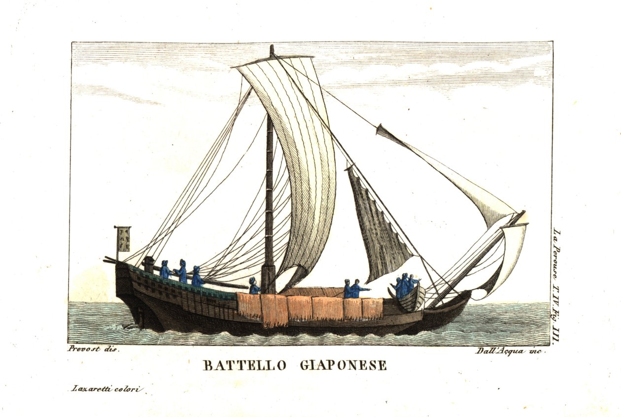 Velero japonés. Ilustración de Jean Louis Prevost Del diario de Jean François de Galaup, conde de La Perouse (1741-1788). Grabado al cobre de dell