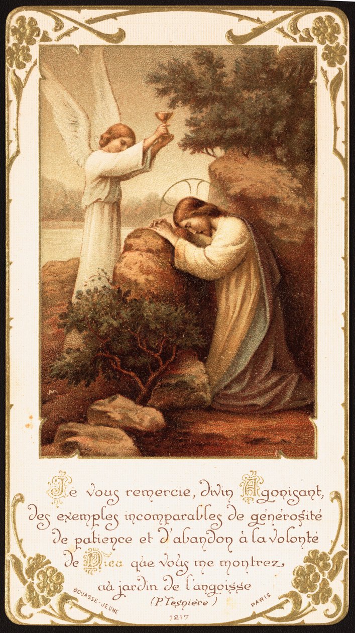 Jesús arrodillado en oración en el Huerto de Getsemaní, un ángel le presenta un cáliz. Principios del siglo XX (tarjeta postal) de Unbekannter Künstler