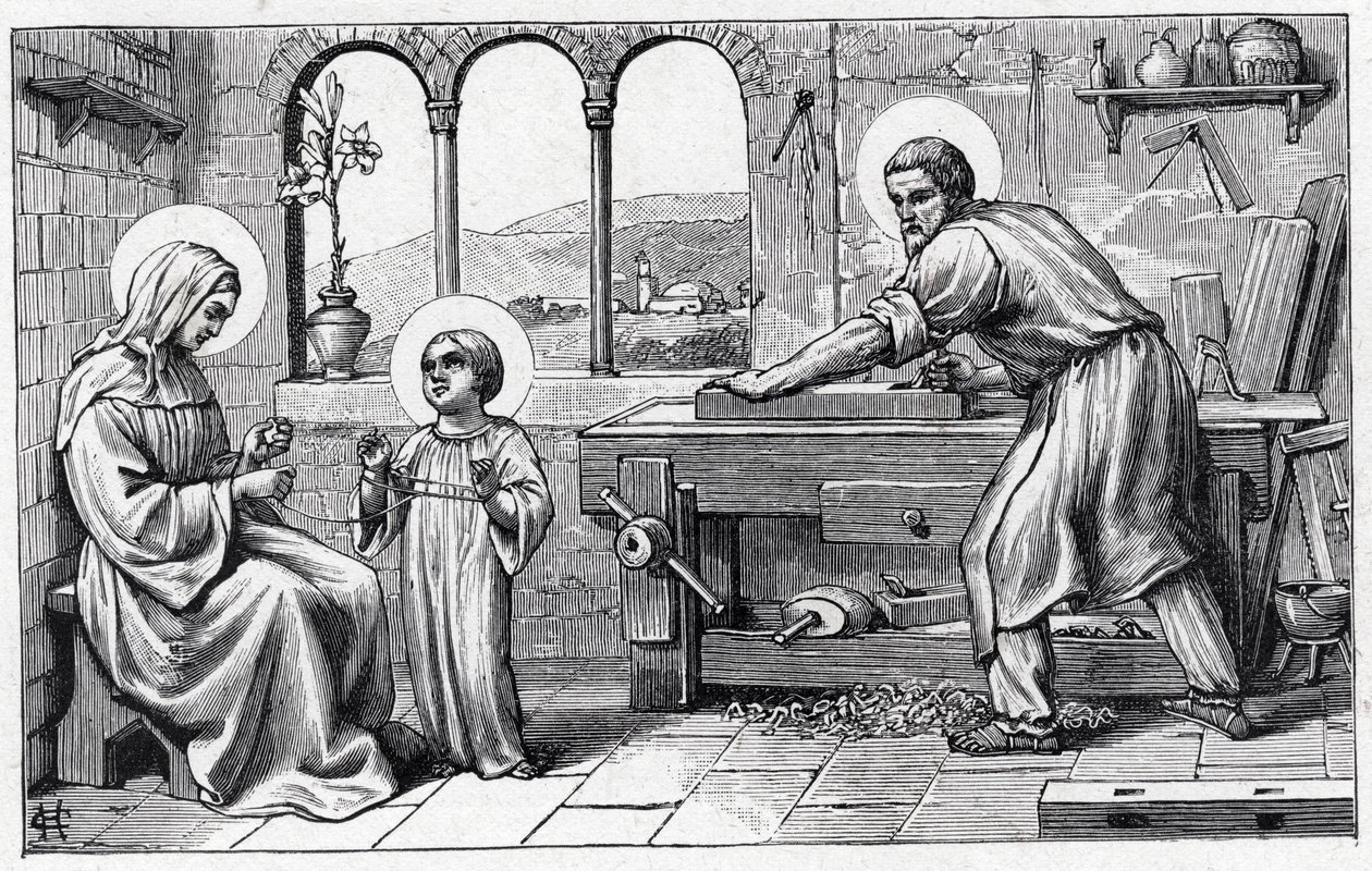 Jesús sirviendo a María. Alfabeto del niño Jesús. Edición de 1932. Tallas en madera firmadas H G. Colección privada de William M. Timlin