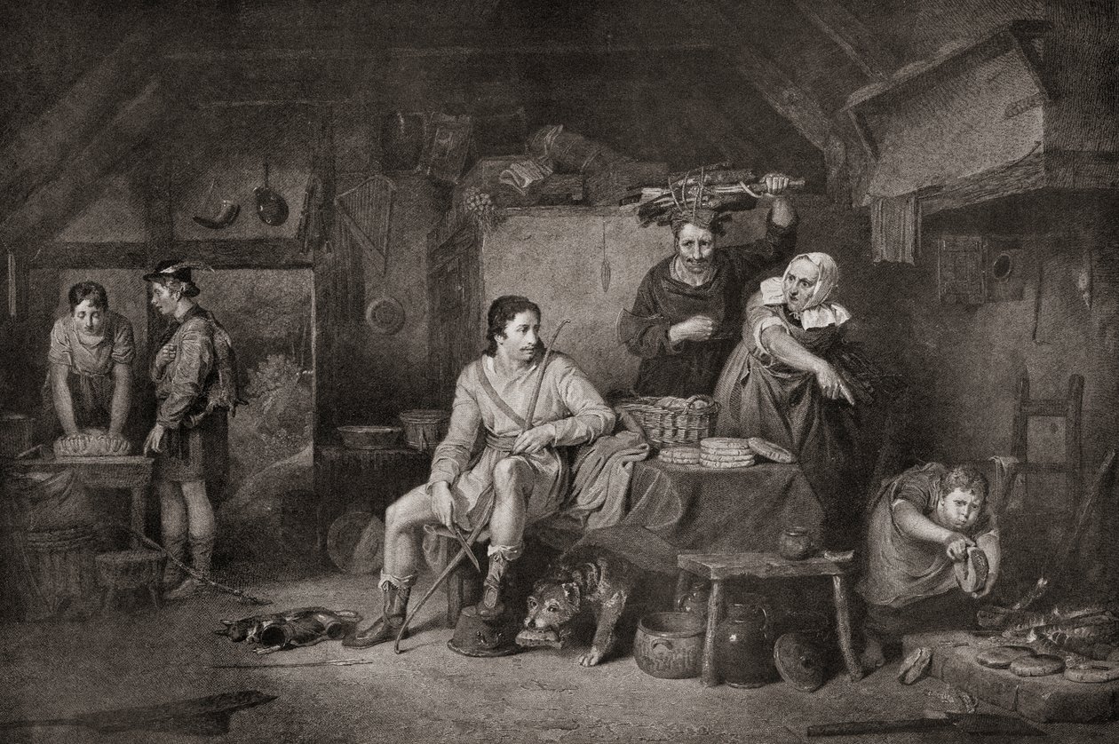El rey Alfredo en la cabaña de Neatherd. Alfredo el Grande, c.848 899. Rey de Wessex. Rey de Wessex. La leyenda cuenta que, cuando Alfredo huyó a Somerset Levels, una campesina le dio cobijo y, sin conocer su identidad, le dejó para que vigilara unos paste de Unbekannter Künstler
