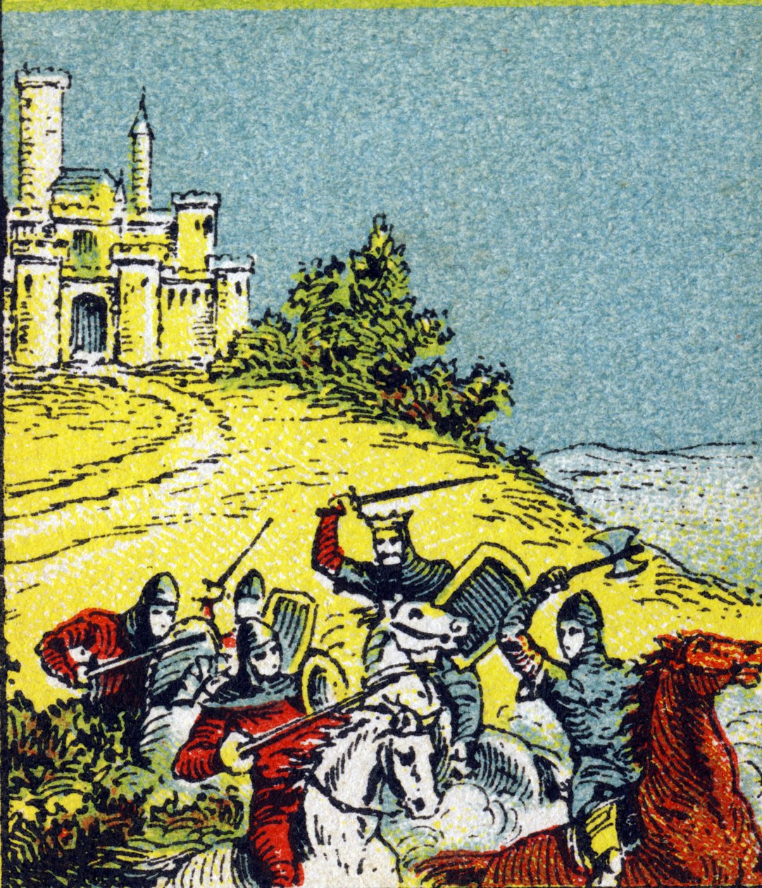 El rey Luis VI Le Gros luchó contra el robo de los señores del reino. Grabado en "Histoire de France". Serie de imágenes publicitarias publicadas en nombre de Louit, 24 rue d