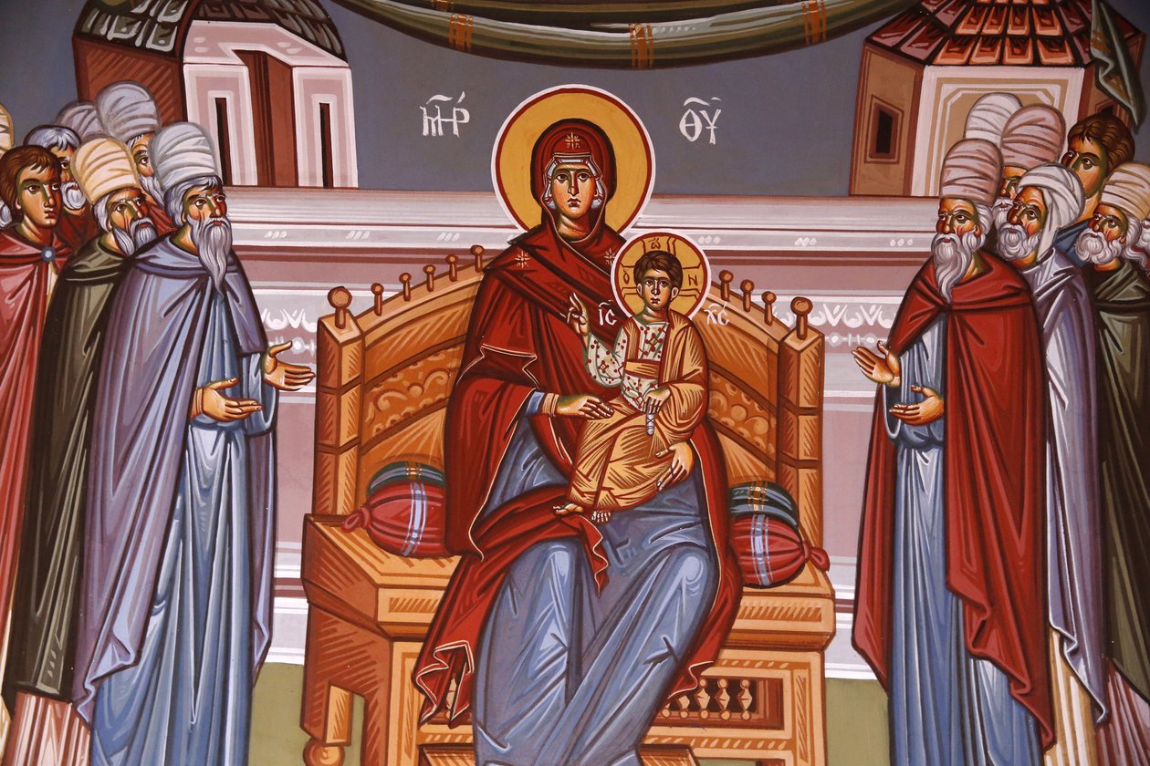 Monasterio de Kykkos, Chipre. Fresco de la Virgen y el niño rodeados de oradores, Pedoulas, Chipre de Unbekannt