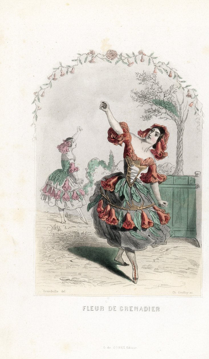La fee de la fleur de grenade danse - Aguafuerte de Charles Geoffroy (1819-1882), basado en una ilustración de Jean Ignace Isidore Gerard dit J.J.J.Granville (1803-1847), para Les fleurs animees. de Unbekannter Künstler