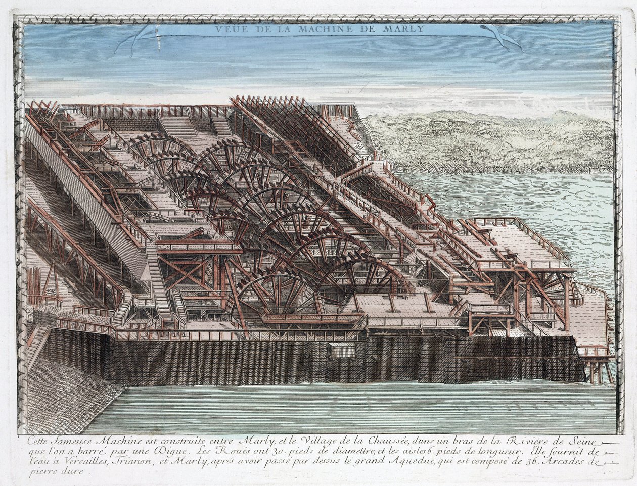 La máquina de Marly de Rennequin que servía para bombear y conducir las aguas del Sena a Versalles a través del acueducto de Marly, para abastecer de agua los parques de los castillos de Marly y Versalles de Unbekannt