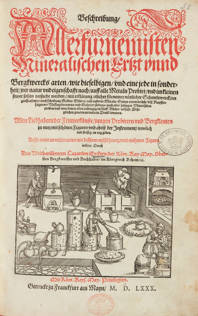 Laboratorio de análisis de minerales, con horno, instrumentos y herramientas - Página de título de Descripción de los minerales y los principales métodos de explotación minera, de Lazarus Ecker - Alquimia y Química Temprana Página de título de un libro sob de Unbekannt